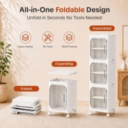 1-Tier Slim Storage Cabinet Plastic Narrow Organizer Rack with Doors and Wheels Foldable Tall Rolling Cart Stackable Gap Shelves Space Saving for Bathroom Kitchen Small Spaces