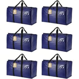 6‑Pack Heavy‑Duty Moving Bags, Extra‑Large Storage Totes with Zippers & Reinforced Sturdy Handles, Space‑Saving Packing Bags for Moving, Storage & Travel, Blue, College Dorm Essentials
