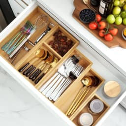 Bamboo Drawer Organizer Set, Individual Wood Storage Organizers 5 PCS Multi-Use Junk Drawer Divider, Storage Trays Containers for Kitchen, Bathroom, Office Desk, Makeup, Jewelry, Utensils