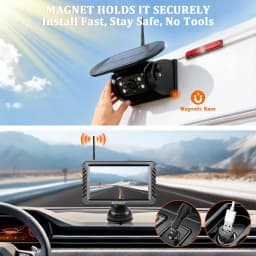 X5 Magnetic Solar Wireless Backup Camera System with 5" 2CH HD Monitor 1-Min Zero-Install 320ft Transmission Range 10000mAh 5W Solar Panel IP68 Waterproof 1080P IR Night Vision Parking Assist for Truck Bus RV Semi Trailer Box Truck Van Pickup
