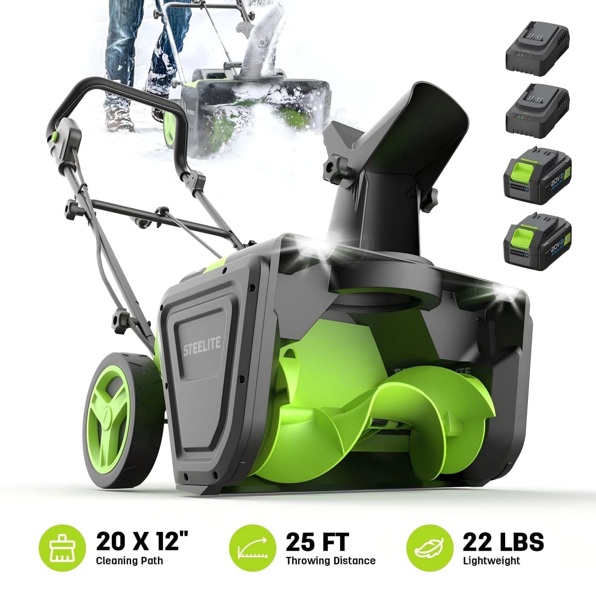 Deli 2x21V Cordless Snow Blower 20 Inch Brushless Snow Thrower with 2 Batteries and Charger for Lawn Patio