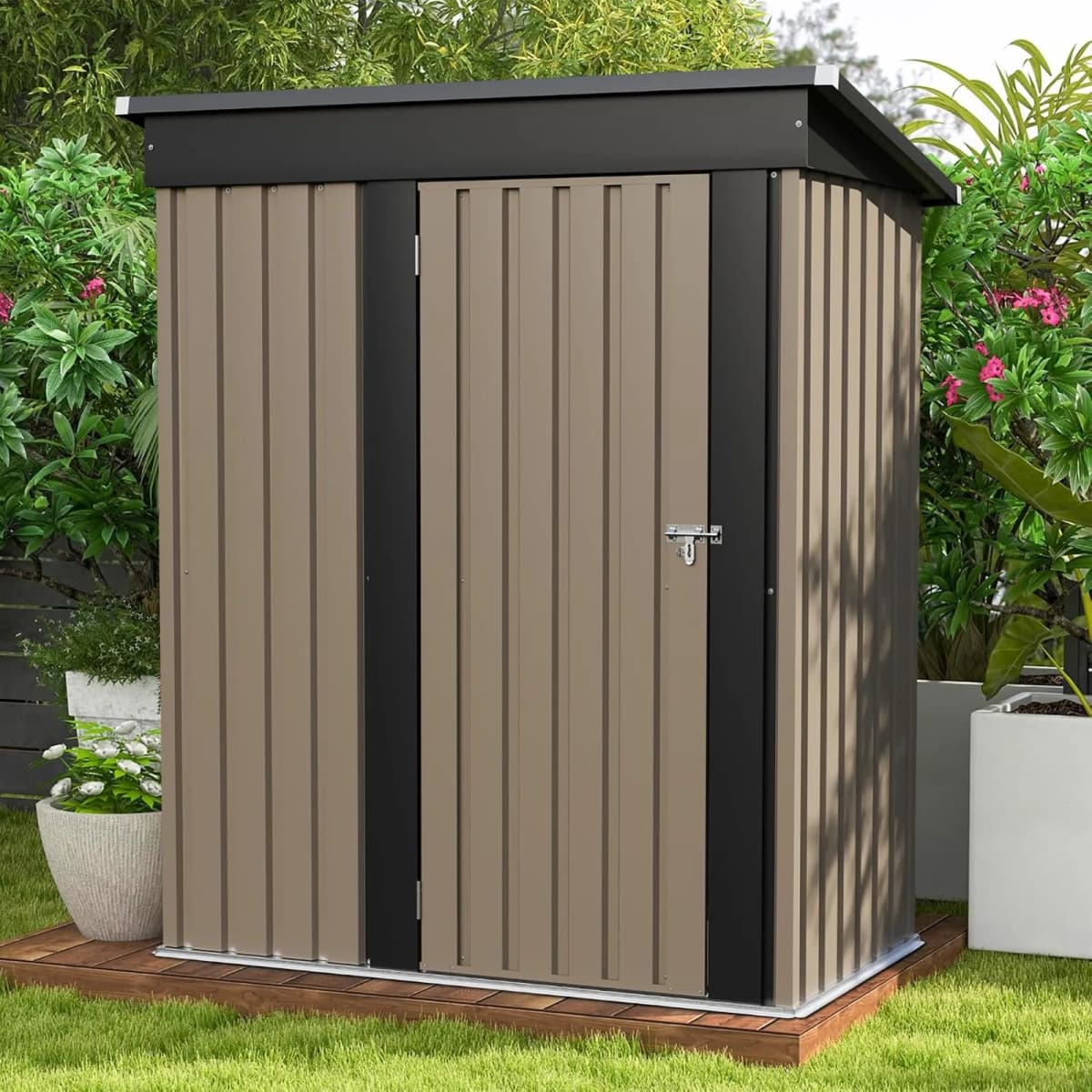 Outdoor Storage Shed, Brown | Tool Shed, Sloping Roof, Lockable Door, Metal Shed for Backyard Garden Patio Lawn