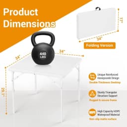 34" Square Folding Table, Multi-Functional Portable Foldable Card Table with Carrying Handle for Indoor Outdoor Camping Picnic Office Party Use Plastic Tabletop with Metal Frame White