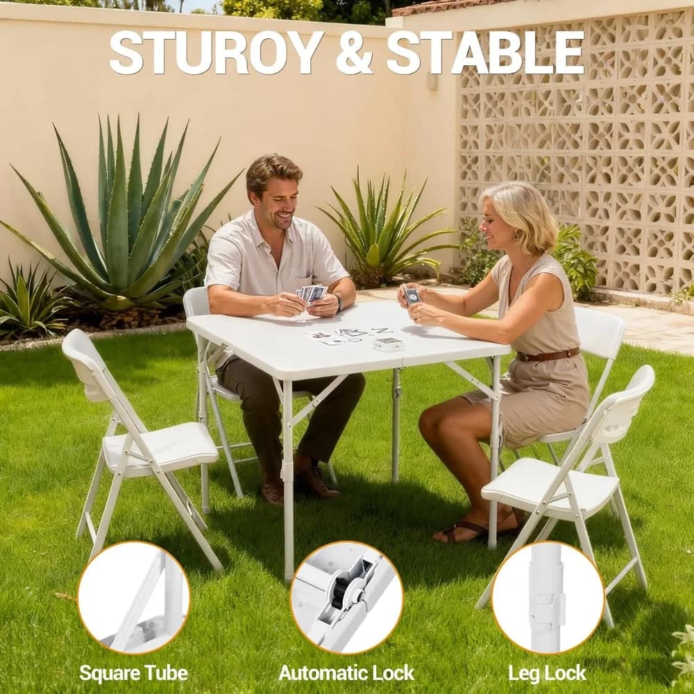 34" Square Folding Table, Multi-Functional Portable Foldable Card Table with Carrying Handle for Indoor Outdoor Camping Picnic Office Party Use Plastic Tabletop with Metal Frame White