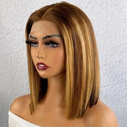TIMOPOL 180% Density Straight Short Bob Human Hair Wig, Women’s 13x4 HD Transparent Lace Frontal, Trendy P4/27 Highlight Shade, Pre‑Plucked Hairline