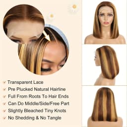 TIMOPOL 180% Density Straight Short Bob Human Hair Wig, Women’s 13x4 HD Transparent Lace Frontal, Trendy P4/27 Highlight Shade, Pre‑Plucked Hairline