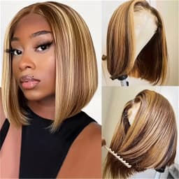 TIMOPOL 180% Density Straight Short Bob Human Hair Wig, Women’s 13x4 HD Transparent Lace Frontal, Trendy P4/27 Highlight Shade, Pre‑Plucked Hairline