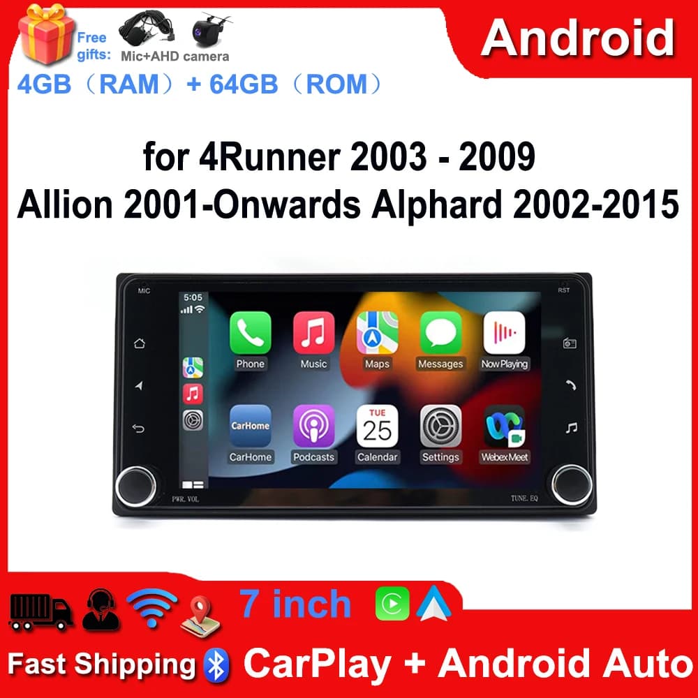 Android 13 Player Dual Knob Car Radio Stereo GPS Navigation with CarPlay/Android Auto 7 Inch Bluetooth Player Compatible for 4Runner 2003-2009 Allion 2001-Onwards Alphard 2002-2015