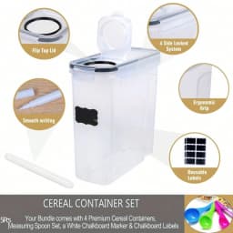 4 Pack Airtight Cereal Dry Food Storage Containers Kitchen Pantry for Flour Sugar Rice Nuts Snacks 4L