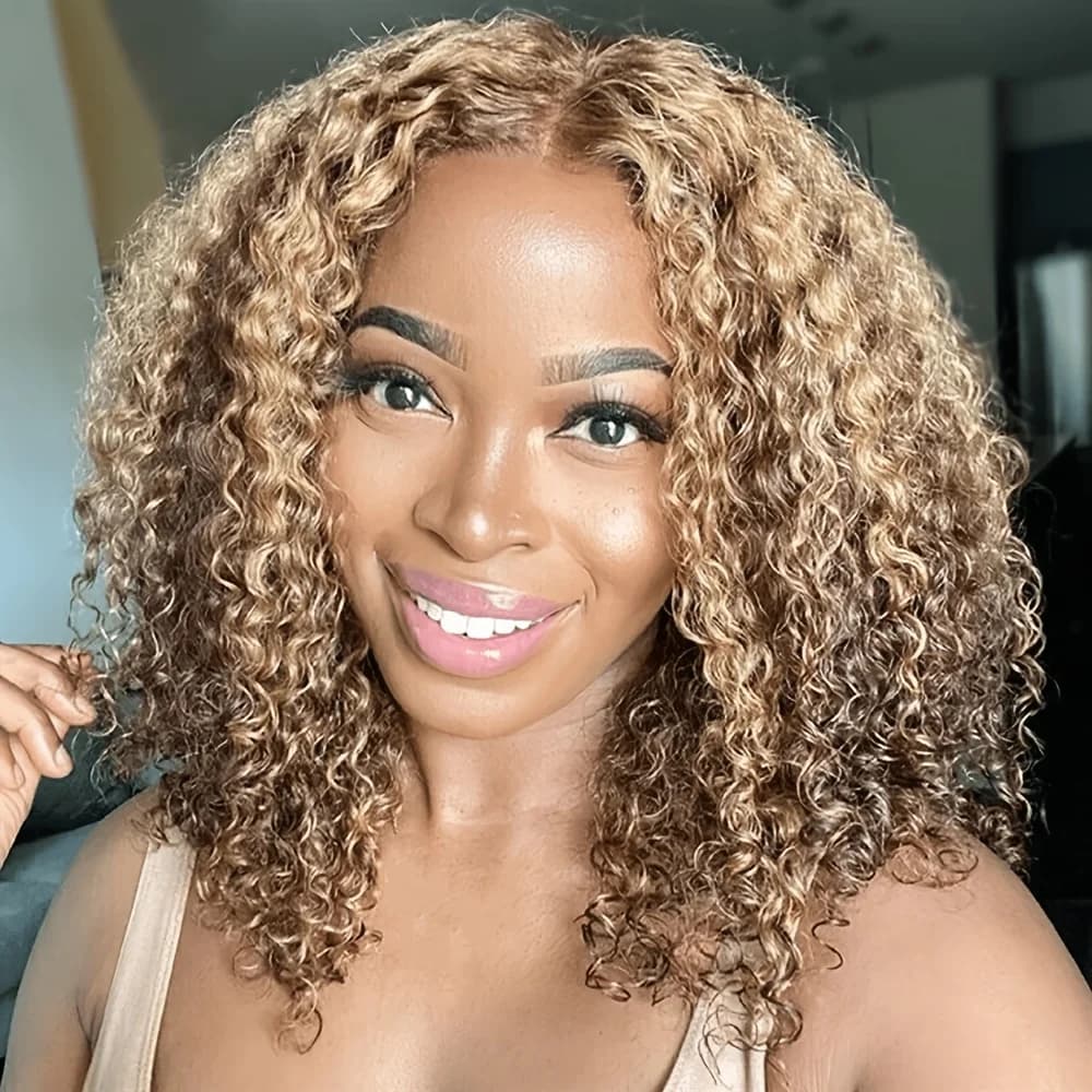 TIMOPOL 200% Density Brazilian Short Bob Wig, 13x4 Lace Frontal Human Hair Wig, P4/27 Highlight Jerry Curly Texture, Pre‑Plucked Hairline for Women