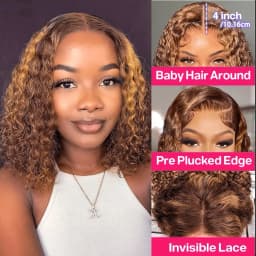 TIMOPOL 200% Density Brazilian Short Bob Wig, 13x4 Lace Frontal Human Hair Wig, P4/27 Highlight Jerry Curly Texture, Pre‑Plucked Hairline for Women