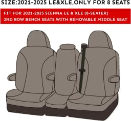Coverdream Sienna Custom Fit Car Seat Covers for Toyota Sienna 2021-2026 LE XLE 8 Seats 2nd Row 4/2/4 Split & 2021-2026 XLE/XSE/Limited/Platinum 7 Seat 2nd Row Captain Seats Waterproof Full Set Seat Protector Seat Covers
