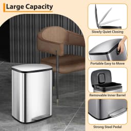 13.2 Gallon Stainless Steel Trash Can,50L Kitchen Garbage Can with Soft-Close Lid & Removable Inner Bucket,Hands-Free Rubbish Bins for Bathroom,Living Room,Office