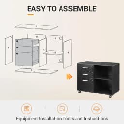 3-Drawer File Cabinet with Lock, Mobile Wood Filing Cabinet, Black Rolling Printer Stand, Office Cabinet, Open Storage Shelves, Letter & A4 Compatible, Home Office, Under Desk Storage