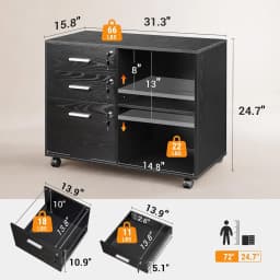 3-Drawer File Cabinet with Lock, Mobile Wood Filing Cabinet, Black Rolling Printer Stand, Office Cabinet, Open Storage Shelves, Letter & A4 Compatible, Home Office, Under Desk Storage