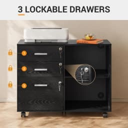 3-Drawer File Cabinet with Lock, Mobile Wood Filing Cabinet, Black Rolling Printer Stand, Office Cabinet, Open Storage Shelves, Letter & A4 Compatible, Home Office, Under Desk Storage