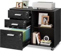 3-Drawer File Cabinet with Lock, Mobile Wood Filing Cabinet, Black Rolling Printer Stand, Office Cabinet, Open Storage Shelves, Letter & A4 Compatible, Home Office, Under Desk Storage