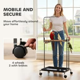 Bird Stand Parrot Stand with Wheels Wooden Perch Ladder Dark Gray for Indoor Avian Use