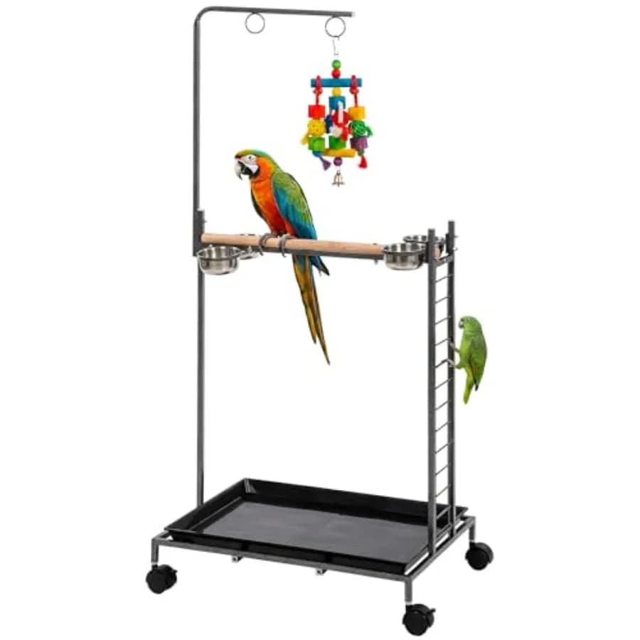 Bird Stand Parrot Stand with Wheels Wooden Perch Ladder Dark Gray for Indoor Avian Use