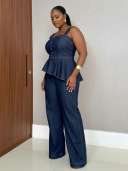 Women Plus Size Square Neck Peplum Top And Wide Leg Pants Set Sleeveless Button Decor Outfit For Daily Casual Occasion