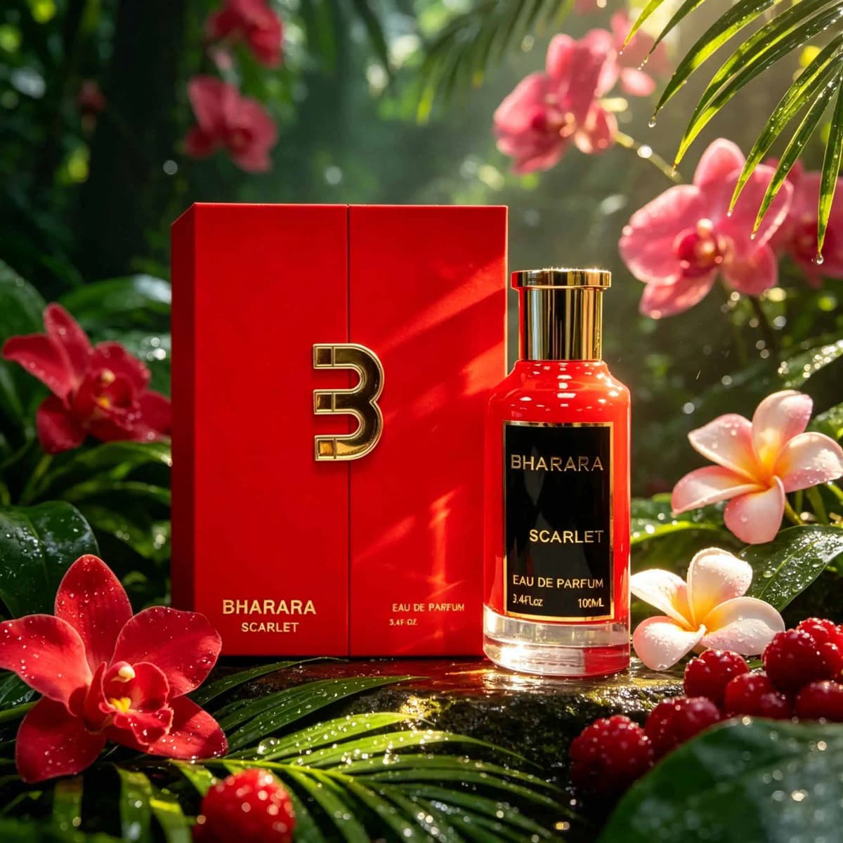 Bharara Scarlet, fiery red‑bottle perfume, berries & florals blended with amber patchouli, lush fruity‑oriental scent for women.
