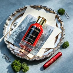Bharara Scarlet, fiery red‑bottle perfume, berries & florals blended with amber patchouli, lush fruity‑oriental scent for women.