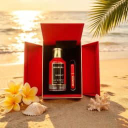Bharara Scarlet, fiery red‑bottle perfume, berries & florals blended with amber patchouli, lush fruity‑oriental scent for women.