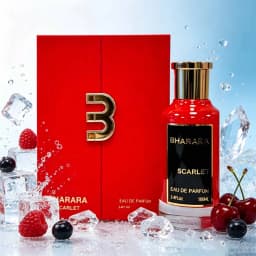 Bharara Scarlet, fiery red‑bottle perfume, berries & florals blended with amber patchouli, lush fruity‑oriental scent for women.