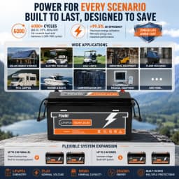 PowMr 25.6V 100Ah LiFePO4 Battery with BMS Grade A 2.56kWh Lithium 6000 cycle 100A flash charge for Camping EV Home System US Local