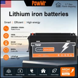 PowMr 25.6V 100Ah LiFePO4 Battery with BMS Grade A 2.56kWh Lithium 6000 cycle 100A flash charge for Camping EV Home System US Local