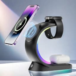 15W Fast Wireless Charger 3-in-1 Magnetic Stand 6-Color RGB Light Multi-Device Charging Station for Apple Devices iPhone AirPods Apple Watch Home Office Desk Bedside Table Organizer Gift Box Packing Travel Foldable