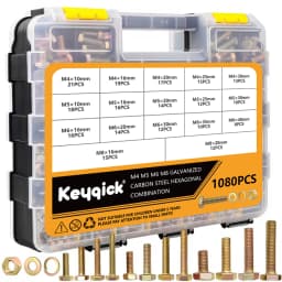 1080Pcs M4 M5 M6 M8 Yellow Zinc Plated Hex Head Bolt Nut & Washer Assortment Kit Carbon Steel Fasteners With Storage Case
