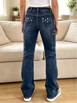 【HME】Jeans | Women Contrast Stitching Denim Pants, Mid‑Rise Flare Workwear Jeans, Star Embroidered Back Pockets, Side Cargo Patch Pockets, Wrinkle Cat‑Whisker Wash, Dark Blue & Black‑Grey Two‑Tone, American Y2K Retro Slim Casual Pants