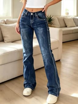 【HME】Jeans | Women Contrast Stitching Denim Pants, Mid‑Rise Flare Workwear Jeans, Star Embroidered Back Pockets, Side Cargo Patch Pockets, Wrinkle Cat‑Whisker Wash, Dark Blue & Black‑Grey Two‑Tone, American Y2K Retro Slim Casual Pants