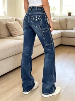 【HME】Jeans | Women Contrast Stitching Denim Pants, Mid‑Rise Flare Workwear Jeans, Star Embroidered Back Pockets, Side Cargo Patch Pockets, Wrinkle Cat‑Whisker Wash, Dark Blue & Black‑Grey Two‑Tone, American Y2K Retro Slim Casual Pants