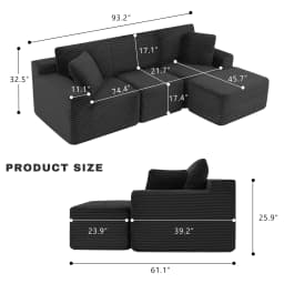 Black Premium Corduroy Modular L‑Shape Sectional Sofa, Chaise Lounge Couch with Widened Armrest, Vacuum Packed No Assembly for Indoor Daily Relax