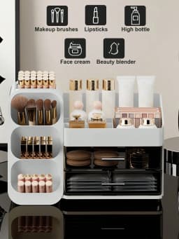 Makeup Organizer with Brush Holder and Drawers, Countertop Cosmetic Storage Organizer for Vanity, Skincare Lipstick Eyeshadow Nail Polish Perfume Storage, Desktop Storage Box for Bedroom & Bathroom, Ideal Mother’s Day & Valentine’s Day Gift