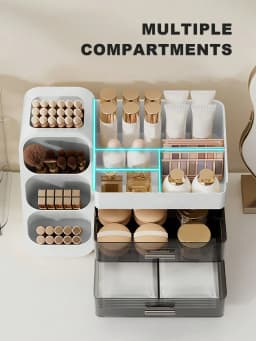 Makeup Organizer with Brush Holder and Drawers, Countertop Cosmetic Storage Organizer for Vanity, Skincare Lipstick Eyeshadow Nail Polish Perfume Storage, Desktop Storage Box for Bedroom & Bathroom, Ideal Mother’s Day & Valentine’s Day Gift