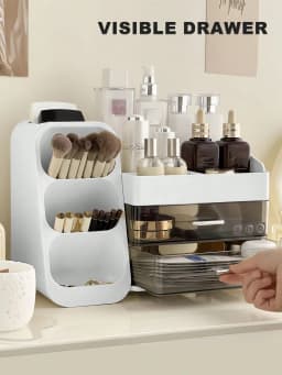 Makeup Organizer with Brush Holder and Drawers, Countertop Cosmetic Storage Organizer for Vanity, Skincare Lipstick Eyeshadow Nail Polish Perfume Storage, Desktop Storage Box for Bedroom & Bathroom, Ideal Mother’s Day & Valentine’s Day Gift