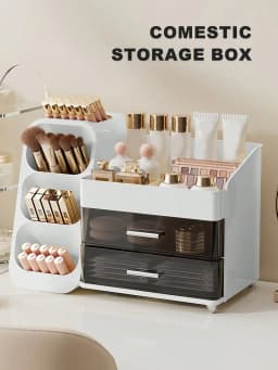 Makeup Organizer with Brush Holder and Drawers, Countertop Cosmetic Storage Organizer for Vanity, Skincare Lipstick Eyeshadow Nail Polish Perfume Storage, Desktop Storage Box for Bedroom & Bathroom, Ideal Mother’s Day & Valentine’s Day Gift