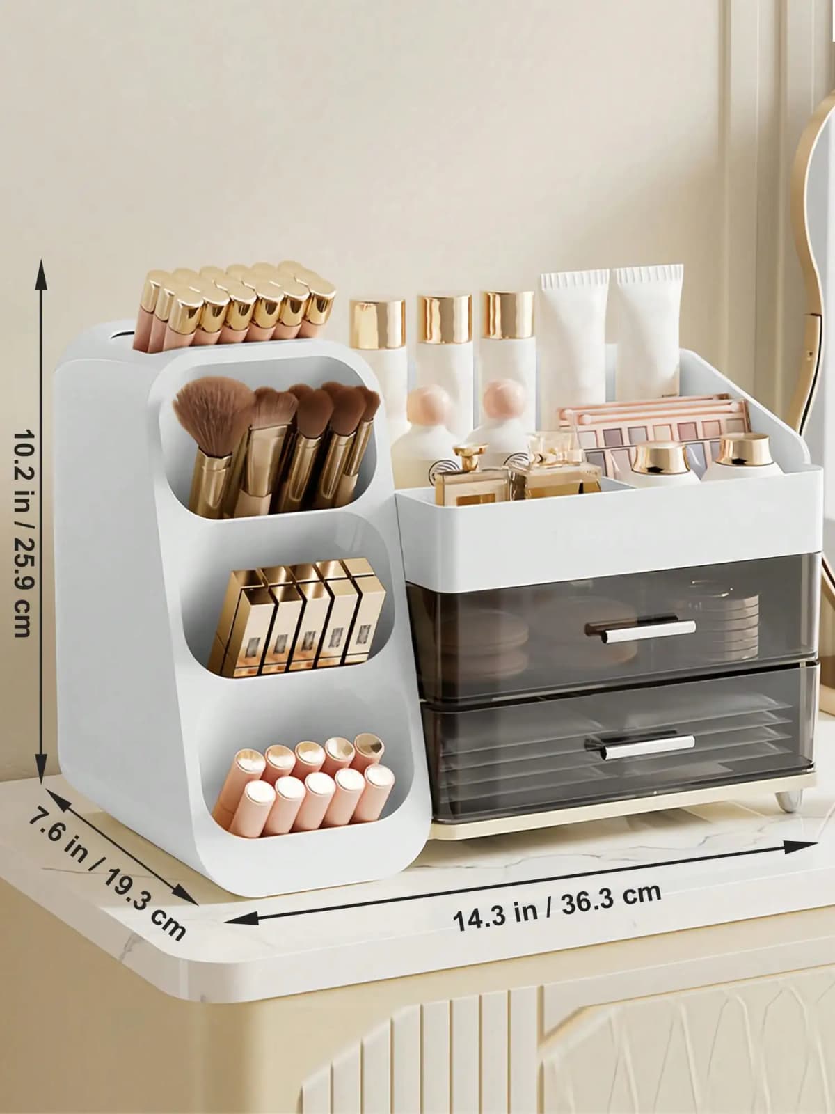 Makeup Organizer with Brush Holder and Drawers, Countertop Cosmetic Storage Organizer for Vanity, Skincare Lipstick Eyeshadow Nail Polish Perfume Storage, Desktop Storage Box for Bedroom & Bathroom, Ideal Mother’s Day & Valentine’s Day Gift