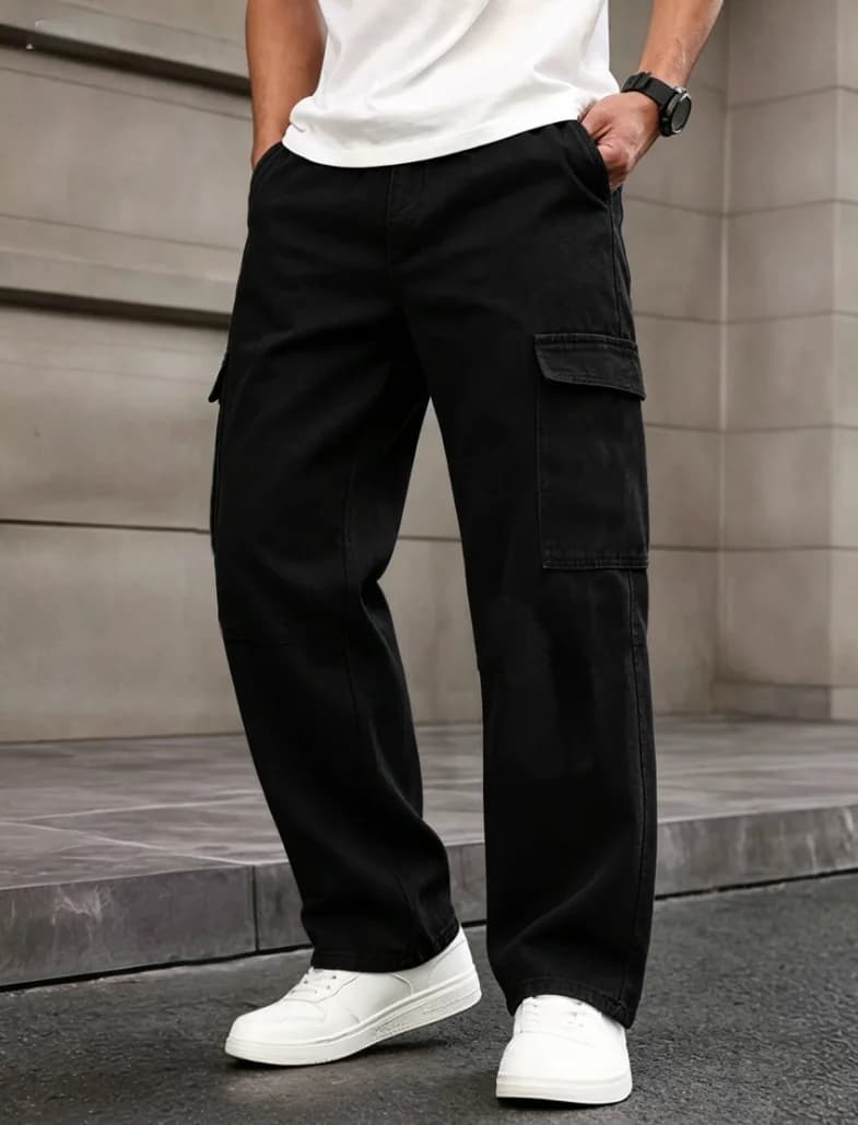 Men'S Black Multi-Pocket Cargo Pants Made from Non-Stretch Fabric, Loose-Fitting Casual Jeans, Suitable for Daily Outdoor Work in All Seasons, Machine Washable