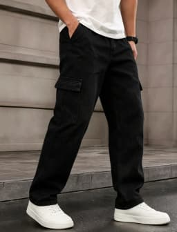 Men'S Black Multi-Pocket Cargo Pants Made from Non-Stretch Fabric, Loose-Fitting Casual Jeans, Suitable for Daily Outdoor Work in All Seasons, Machine Washable