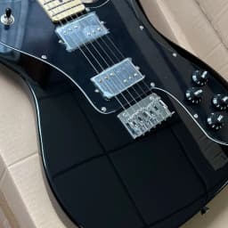 Solid wood electric guitar with bright black finish, maple fretboard, walnut body, dual pickups, Christmas gift, available in US warehouse, free shipping