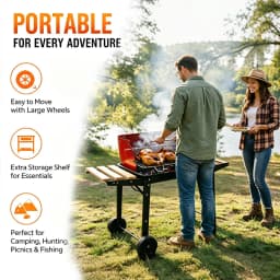 5-Speed Height-Adjustable, Temperature-Controlled, Cart-Style Charcoal Grill with Casters and Complete Set of Grilling Tools—Large-Capacity Outdoor Home Charcoal Grill for Grilling Fish and Chicken, Ideal for Large Gatherings—Portable, Mobile BBQ Grill