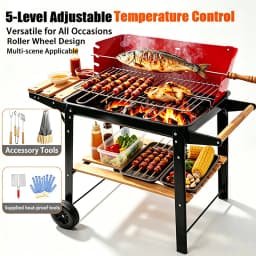 5-Speed Height-Adjustable, Temperature-Controlled, Cart-Style Charcoal Grill with Casters and Complete Set of Grilling Tools—Large-Capacity Outdoor Home Charcoal Grill for Grilling Fish and Chicken, Ideal for Large Gatherings—Portable, Mobile BBQ Grill