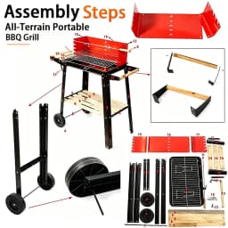 5-Speed Height-Adjustable, Temperature-Controlled, Cart-Style Charcoal Grill with Casters and Complete Set of Grilling Tools—Large-Capacity Outdoor Home Charcoal Grill for Grilling Fish and Chicken, Ideal for Large Gatherings—Portable, Mobile BBQ Grill