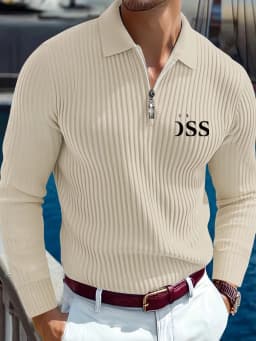 Men's Long-Sleeve Polo Shirt Autumn/Winter 2026 Striped Print & Letter Print Comfortable Casual Design