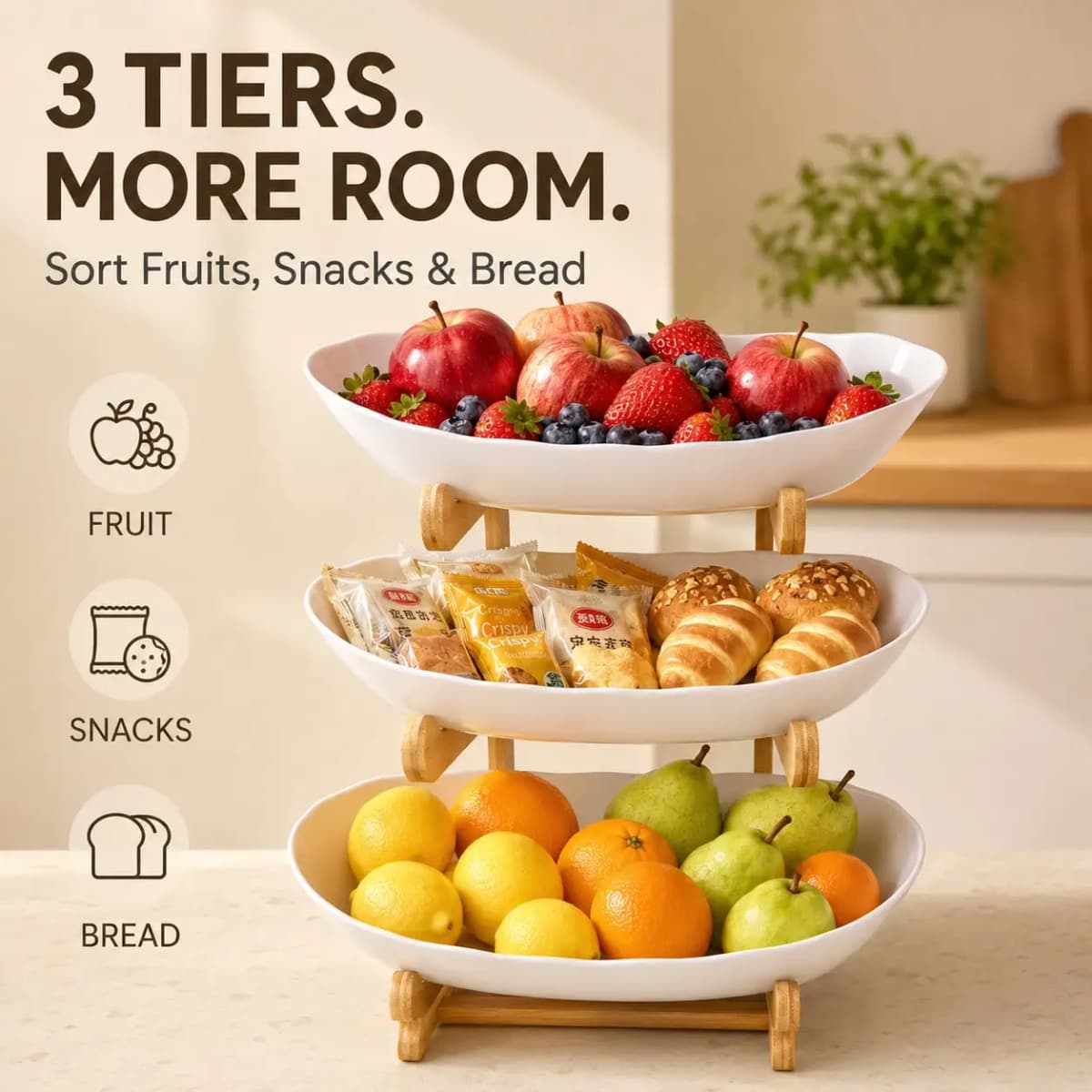 2/ 3 Layer Luxurious Wooden Elegant Fruit Rack - Double-Layer Fruit Bowl, Creative Candy Display - Natural Wood, Living Room Snack Tray, Space Saving Design, Easy Assembly, Father's Day Gift, Dessert Kitchen Service Tray
