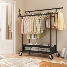 BePatio Double-Rod Clothes Rack for Closets,Heavy Duty Clothing Rack with Net Pocket Hold Up to 210LBS,Metal Garment Rack Sturdy Coat Rack With Wheels for Bedroom Laundry Living Room, Black